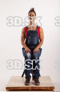 Sitting pose blue jeans red singlet of Rebecca 0007